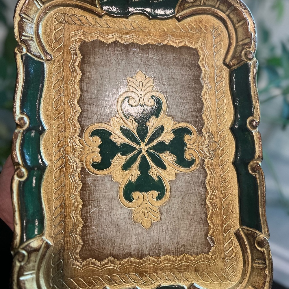 Vintage Florentine Italian Style Toleware Wood Tray Green Gold Italy - Picture 2 of 4